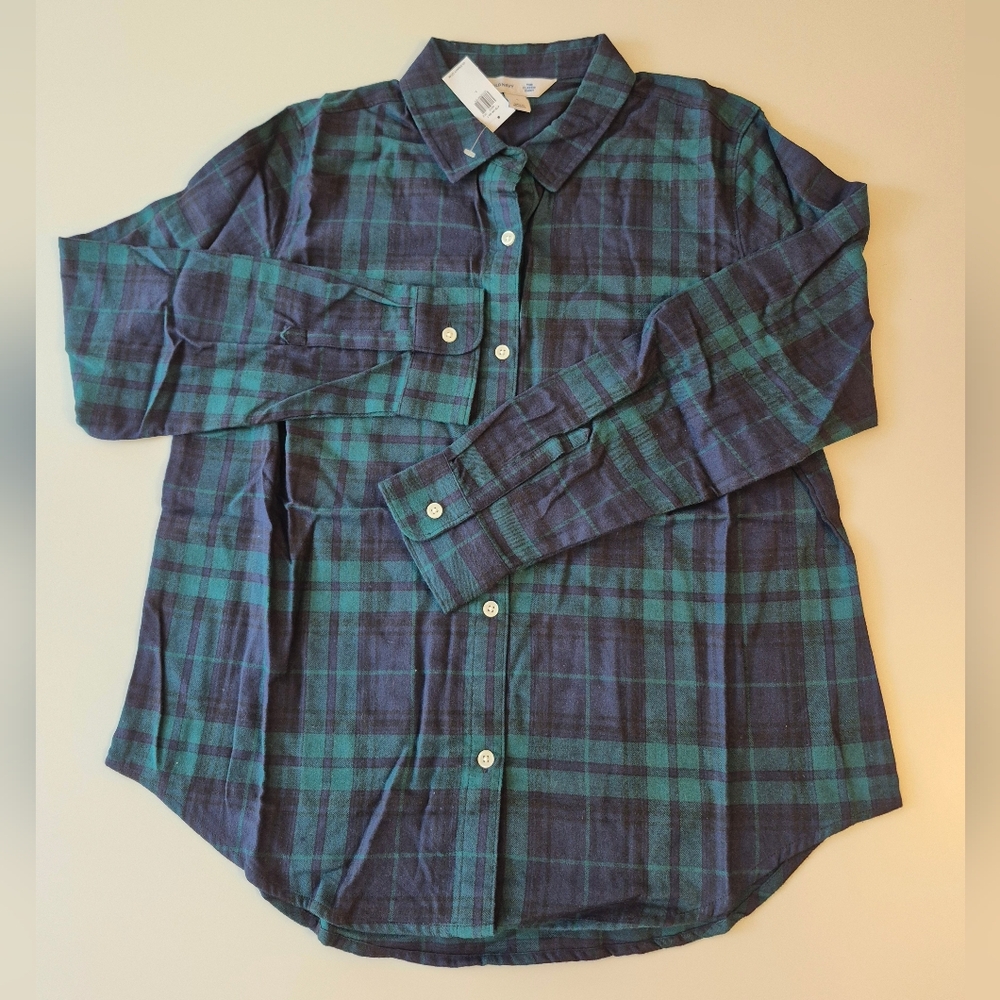 NWT Women's Old Navy The Classic Shirt Shirt - Green and Blue Plaid Size Large